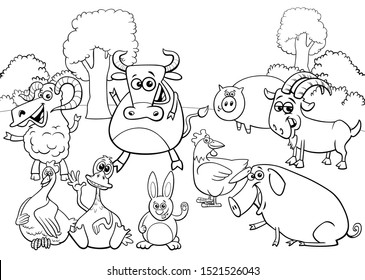 Black and White Cartoon Illustration of Funny Farm Animals Comic Characters Group Coloring Book Page