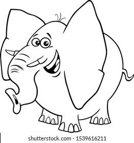 Black and White Cartoon Illustration of Funny African Elephant Comic Animal Character Coloring Book Page