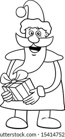 Black and White Cartoon Illustration of Funny Santa Claus Character on  Christmas Time with Present Coloring Book Page