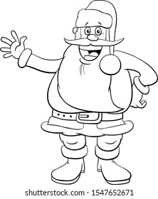 Black and White Cartoon Illustration of Funny Santa Claus Character on Christmas Holiday Time Coloring Book Page