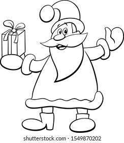 Black and White Cartoon Illustration of Funny Santa Claus Character with Present on Christmas Holiday Time Coloring Book Page