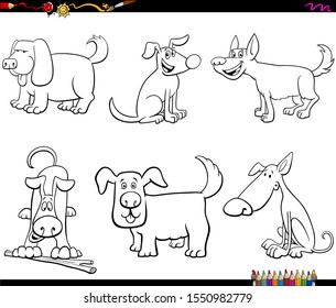 Black and White Cartoon Illustration of Funny Dogs Animal Characters Set Coloring Book Page