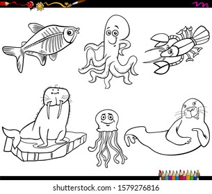 Black and White Cartoon Illustration of Funny Marine Animal Characters Set Coloring Book Page