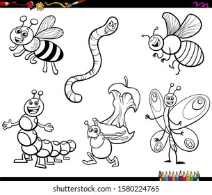 Black and White Cartoon Illustration of Funny Insects Animal Characters Set Coloring Book Page