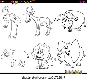 Black and White Cartoon Illustration of Funny Wild Animals Comic Characters Set Coloring Book Page