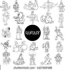 Black and White Cartoon Illustration of Funny Fantasy or Fairy Tale Characters Large Set Coloring Book Page