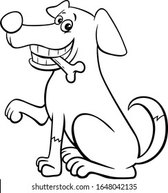 Black and White Cartoon Illustration of Funny Sitting Dog Comic Animal Character with Bone Coloring Book Page