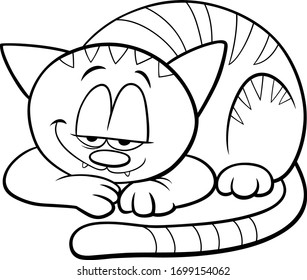 Black and White Cartoon Illustration of Funny Sleepy Cat or Kitten Comic Animal Character Coloring Book Page