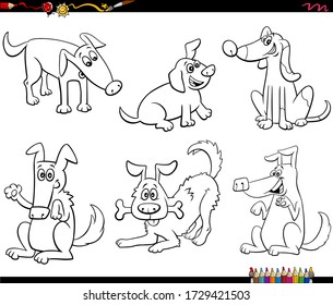 Black and White Cartoon Illustration of Funny Playful Dogs and Puppies Comic Animal Characters Set Coloring Book Page