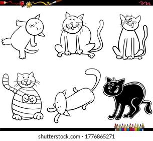 Black and White Cartoon Illustration of Funny Cats and Kittens Animal Characters Set Coloring Book Page