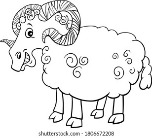 Black and White Cartoon Illustration of Funny Ram Farm Animal Character Coloring Book Page