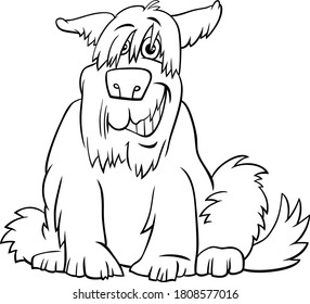 Black and White Cartoon Illustration of Funny Shaggy Sitting Dog Comic Animal Character Coloring Book Page