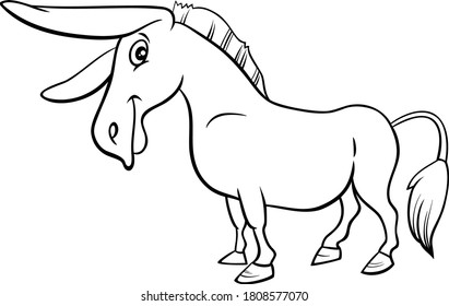 Black and White Cartoon Illustration of Funny Donkey Farm Animal Character Coloring Book Page
