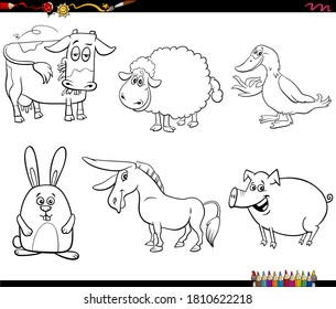 Black and White Cartoon Illustration of Funny Farm Animal Characters Set Coloring Book Page