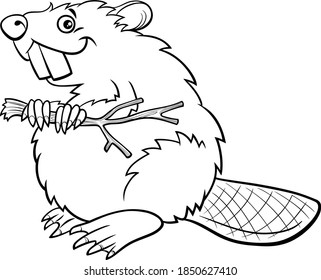 Black and white cartoon illustration of funny beaver wild animal character coloring book page