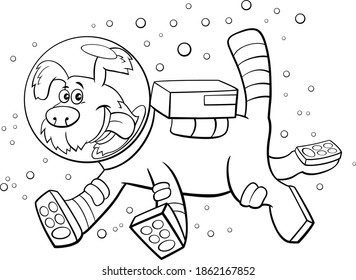 Black and white cartoon illustration of funny dog in space comic animal characters coloring book page