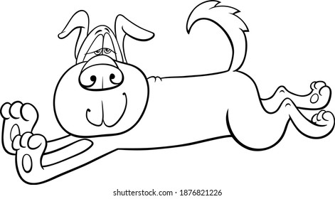 Black and white cartoon illustration of funny stretching sleepy dog comic animal character coloring book page