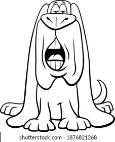Black and white cartoon illustration of funny dog comic animal character barking or howling coloring book page