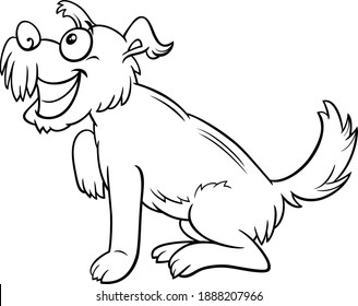 Black and white cartoon illustration of funny shaggy dog comic animal character coloring book page