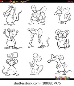 Black and white cartoon illustration of funny mice comic animal characters set coloring book page