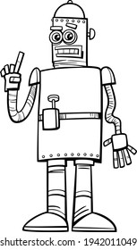 Black and white cartoon illustration of funny robot fantasy comic character coloring book page