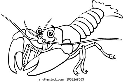 Black and white cartoon illustration of funny yabby crayfish animal character coloring book page
