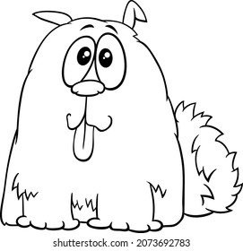 Black and white cartoon illustration of funny shaggy dog comic animal character coloring book page
