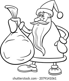 Schwarz-Weiß-Cartoon-Illustration des lustigen Charakters des Weihnachtsmanns mit Sack-Weihnachtsgeschenken, Farbbuchseite