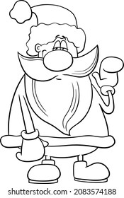 Schwarzweiß-Cartoon-Illustration lustiger Santa Claus-Figuren auf der Seite mit dem farbigen Weihnachtsbuch