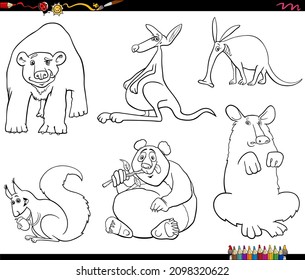 Black and white cartoon illustration of funny wild animals comic characters set coloring book page