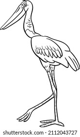 Black and white cartoon illustration of funny jabiru bird comic animal character coloring book page