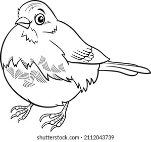 Black and white cartoon illustration of funny junco bird animal character coloring book page