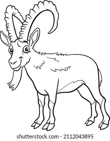 Black and white cartoon illustration of funny ibex comic animal character coloring book page
