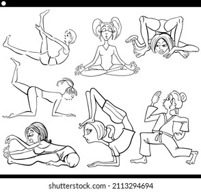 Black and white cartoon illustration of funny active women comic characters set coloring book page