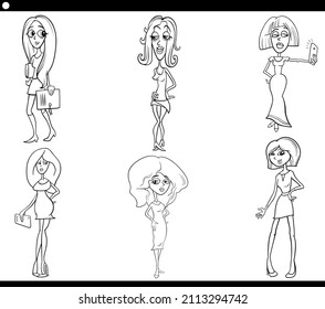 Black and white cartoon illustration of funny women comic characters set coloring book page