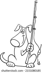 Black and white cartoon illustration of funny dog animal character with fishing rod coloring book page