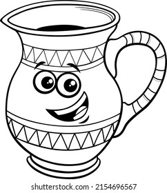 Black and white cartoon illustration of funny ceramic jug object clip art coloring book page