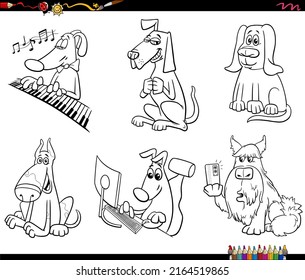 Black and white cartoon illustration of funny dogs animal characters set coloring book page