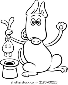 Black and white cartoon illustration of funny magician dog pulling a rabbit out of a top hat coloring page