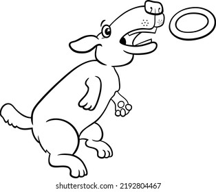 Black and white cartoon illustration of funny dog jumping and catching a ring toss toy coloring page