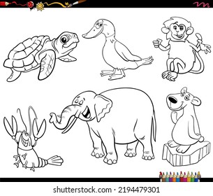 Black and white cartoon illustration of funny animals characters set coloring page