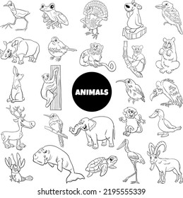 Black and white cartoon illustration of funny wild animal species characters big set