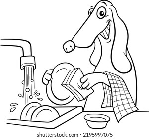 Black and white cartoon illustration of funny dog animal character washing dishes coloring page