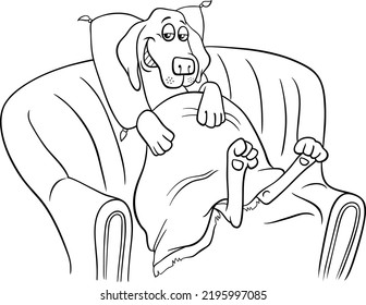 Black and white cartoon illustration of funny dog animal character resting on a sofa coloring page