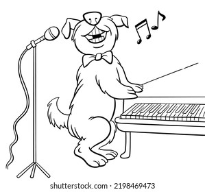 Black and white cartoon illustration of funny dog animal character singing at the piano coloring page