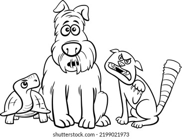 Black and white cartoon illustration of funny dog animal character with cat and tortoise coloring page