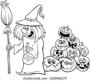 Black and white cartoon illustration of funny witch with broom and pile of Halloween pumpkins coloring page