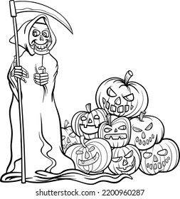 Black And White Cartoon Illustration Of Funny Grim Reaper With Scythe And Pile Of Halloween Pumpkins Coloring Page