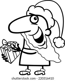 Black and White Cartoon Illustration of Funny Santa Claus Character with Christmas Present for Coloring Book