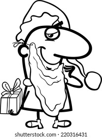 Black and White Cartoon Illustration of Funny Santa Claus Character with Christmas Gift for Coloring Book